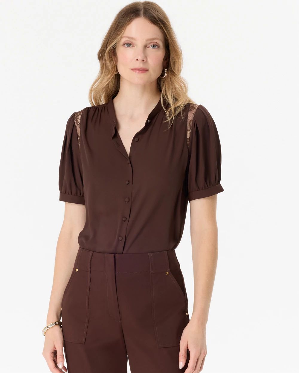 み*ー様 22AW Apolina Bette Blouse chocolate Lace Inset Crepe Blouse | White House Black Market